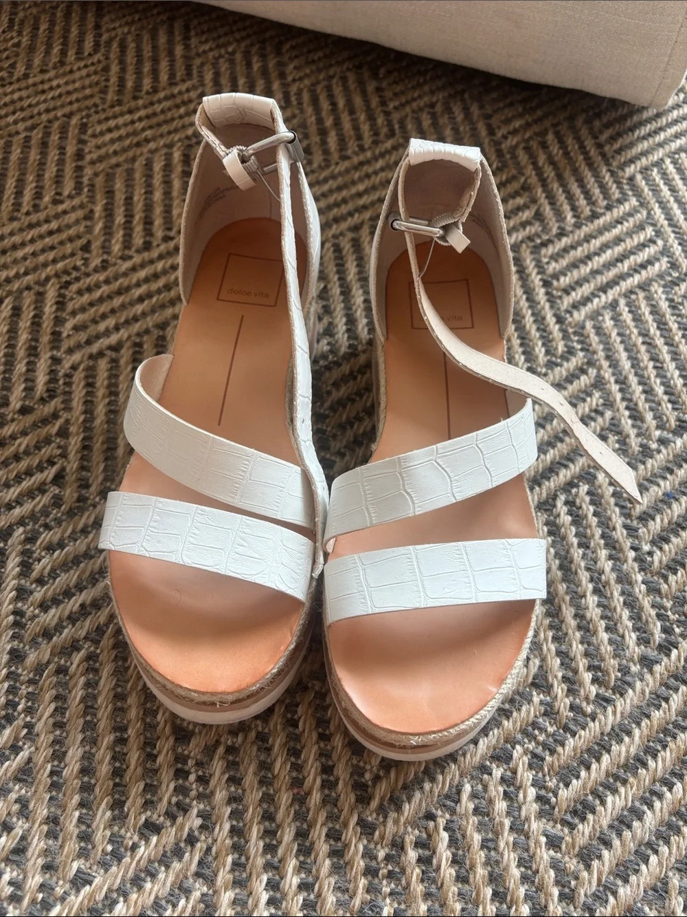 Dolce Vita White Croc-Embossed Wedge Sandals with Ankle Strap